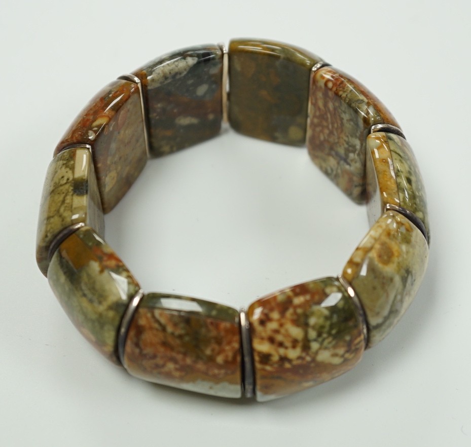 An early 20th century white metal and Scottish hardstone set flexible bracelet, with box.